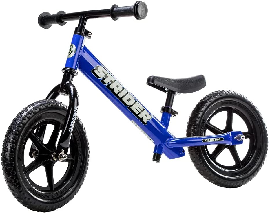 Blue strider bike with shiny black wheels. There are no pedals.