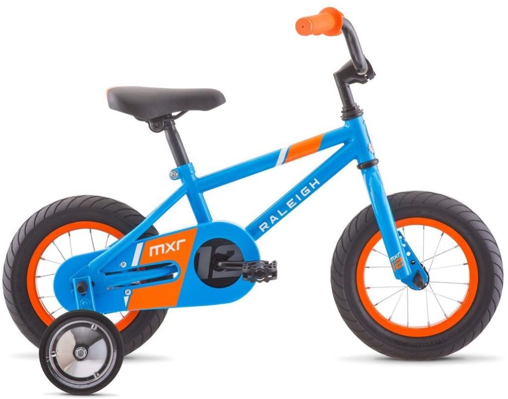 Blue and orange Raleigh bike for kids with bright orange handlebars