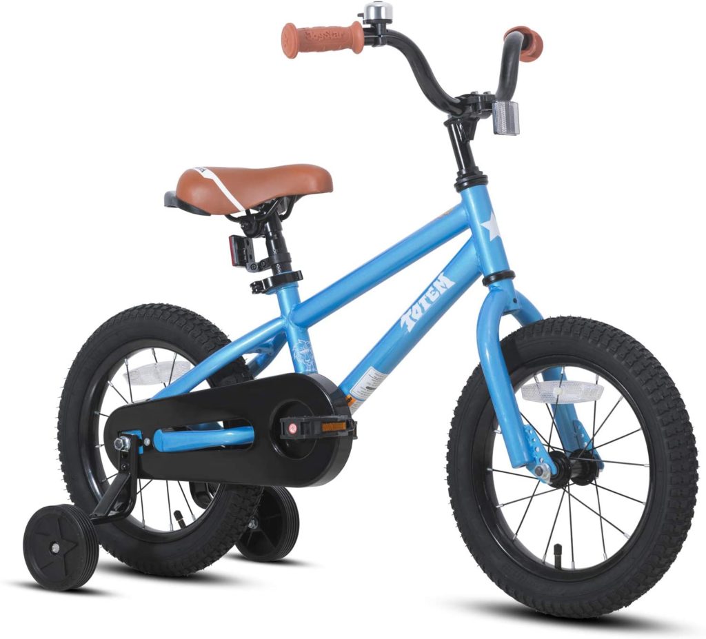 Light blue Joystar bike with brown seat and handlebars, bell, and black training wheels.