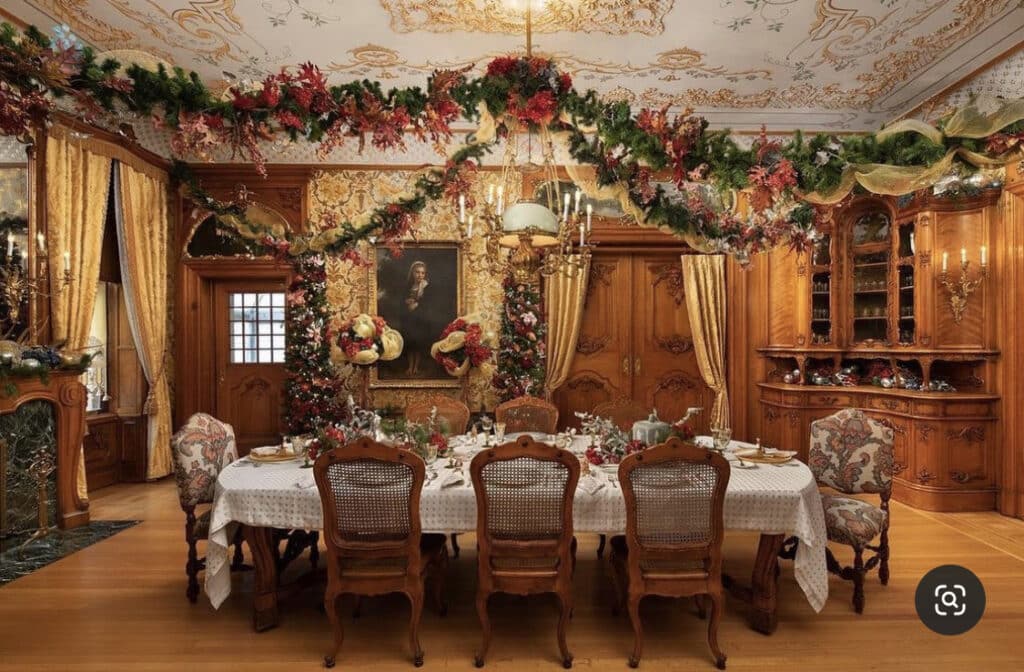 Pabst Mansion interior of dining room, decorated for the holidays, in Milwaukee, WI