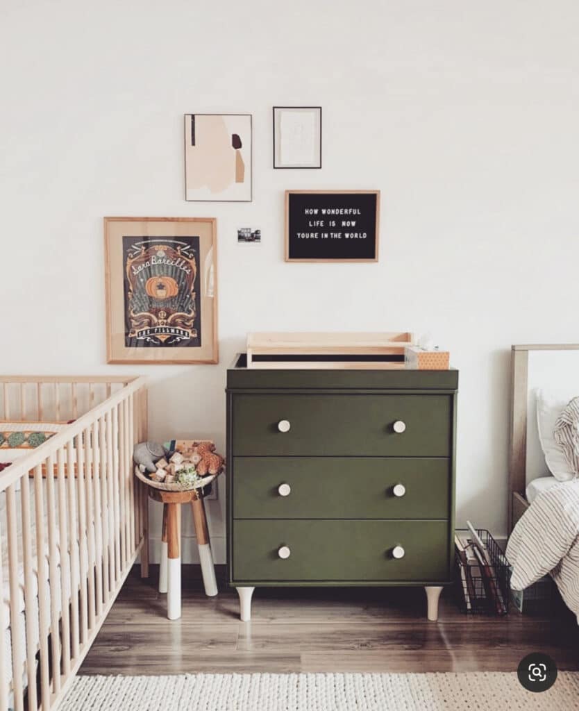 Music Theme Baby Boy Nursery with framed albumen and lyrics on a letter board.