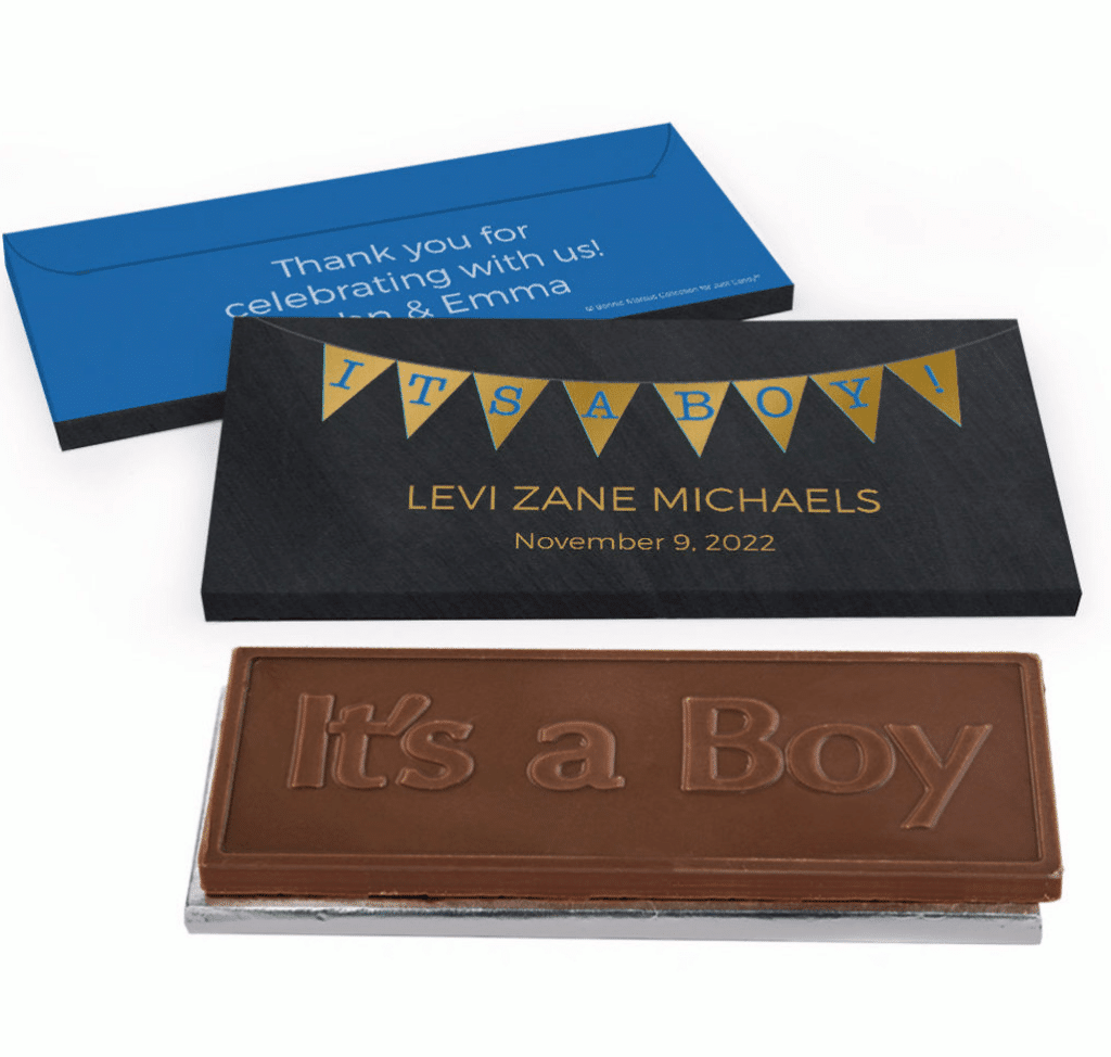 Pregnancy Announcement chocolate bar that says "It's a boy!"