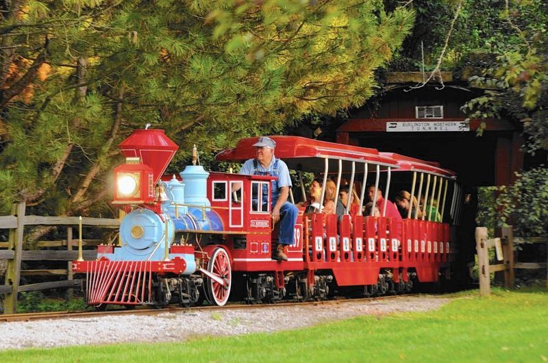 Red choo choo train at Blackberry Farm in Aurora, an outdoor living history museum.