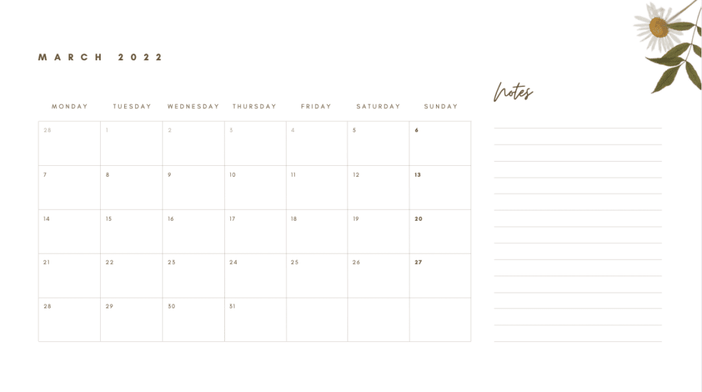 March 2022 Calendar with floral accent and an area for notes.