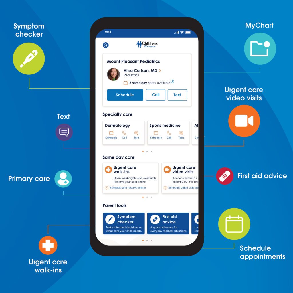 Diagram of Children's Wisconsin app interface, with arrows pointing to the phone screen.