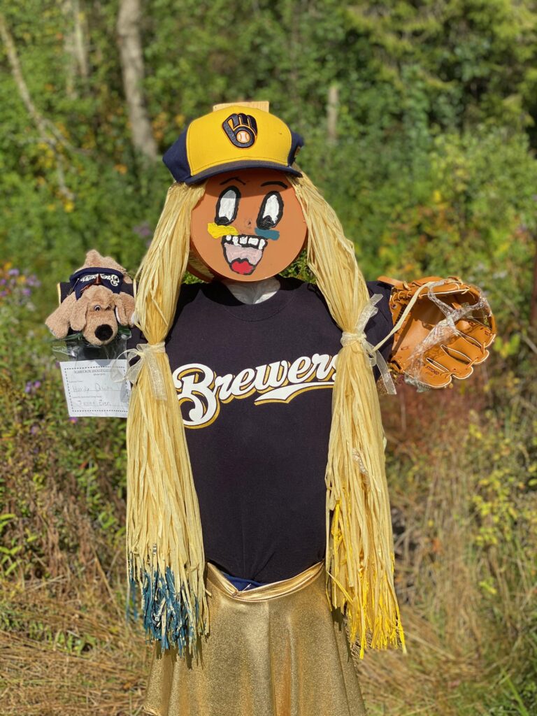 Scarecrow dressed up as a Milwaukee Brewer at Scarecrow Lane in Wales, WI