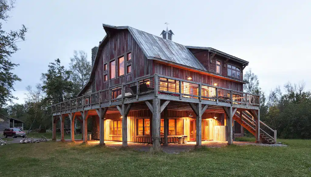 Barn lit up at dusk in Wisconsin