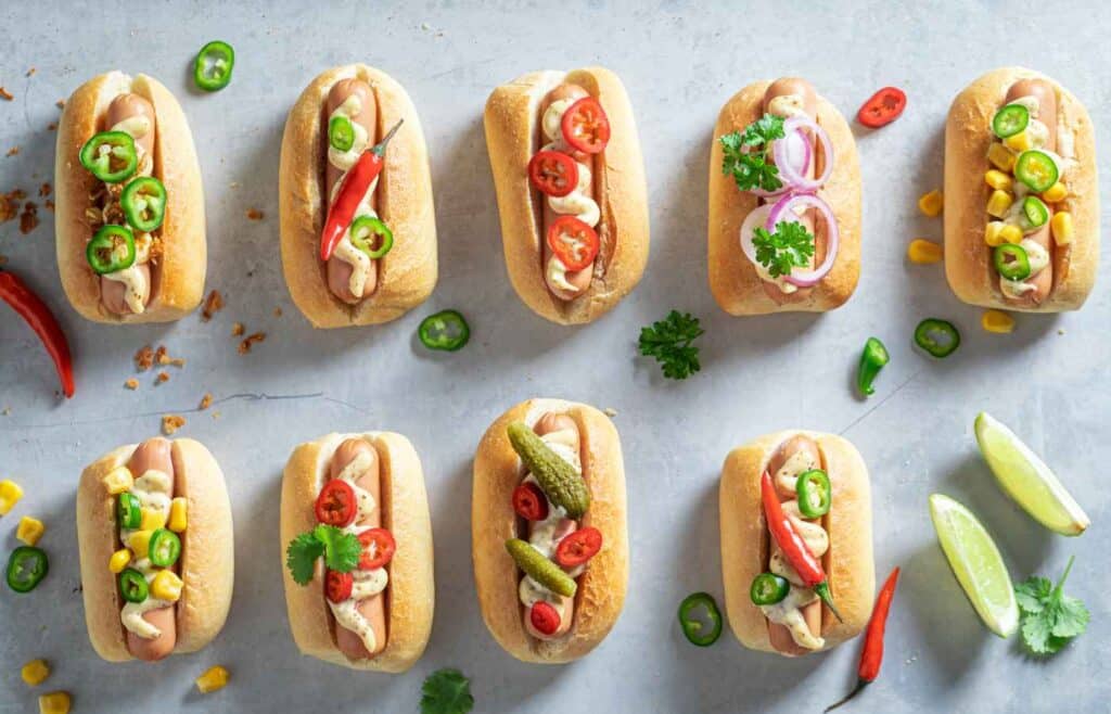 mini hot dogs with toppings