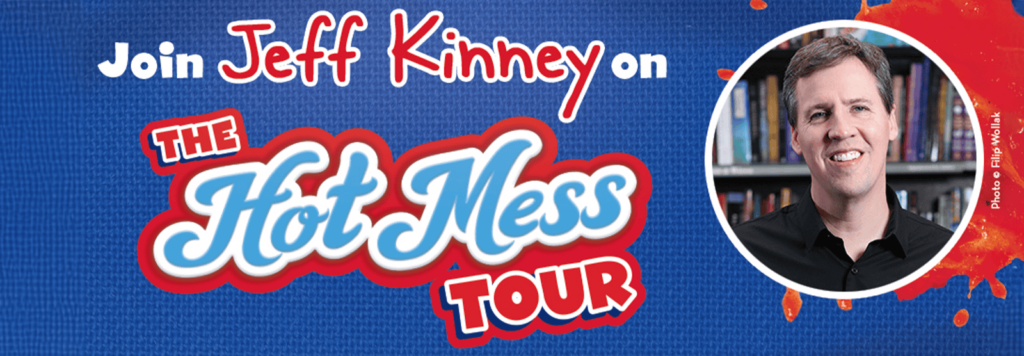 Promotional banner for Jeff Kinney's 'Hot Mess Tour,' featuring a smiling Jeff Kinney on the right and vibrant text encouraging audiences to join him on tour, set against a blue background with red accents.