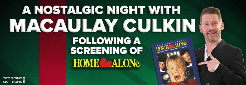 A promotional banner for a special event with Macaulay Culkin, showing a photo of him and a Home Alone movie poster, inviting fans to a screening and Q&A.