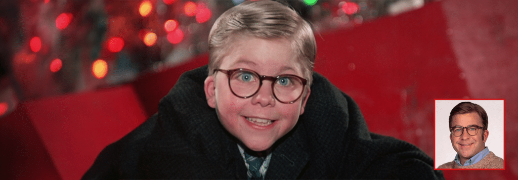 An image of a young Peter Billingsley as Ralphie from A Christmas Story movie, with an inset showing an older Peter Billingsley in modern-day.