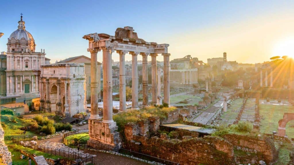 Ancient Roman ruins with set setting in the background