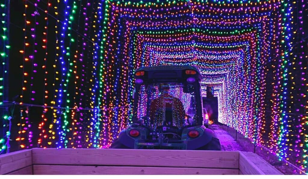 A wagon ride passes through a tunnel made up of multi-colored, hanging holiday lights, creating a vibrant and immersive experience for visitors as they travel through the display.