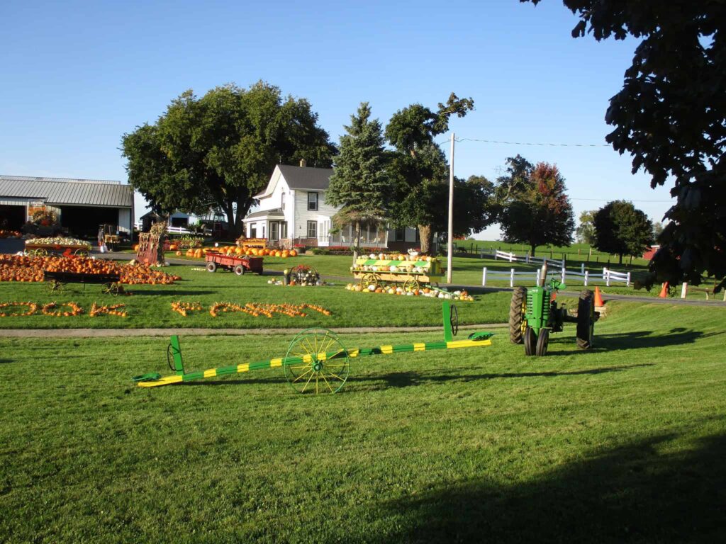 Pumpkins and tractor at Cozy Nook Farm