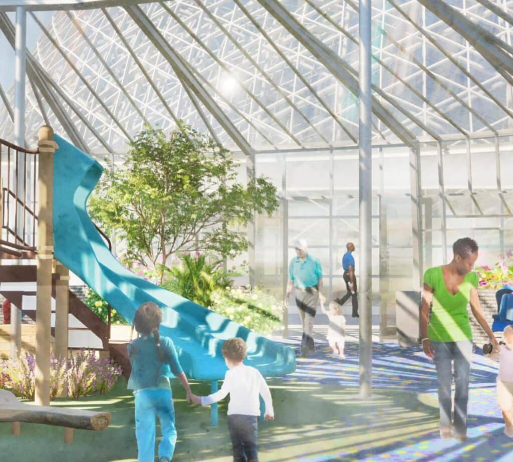 Children's Play Area: The Little Sprouts Dome will include a nature-themed play area with features like a slide and interactive plant displays. It’s designed to encourage kids to learn about and connect with nature through play.