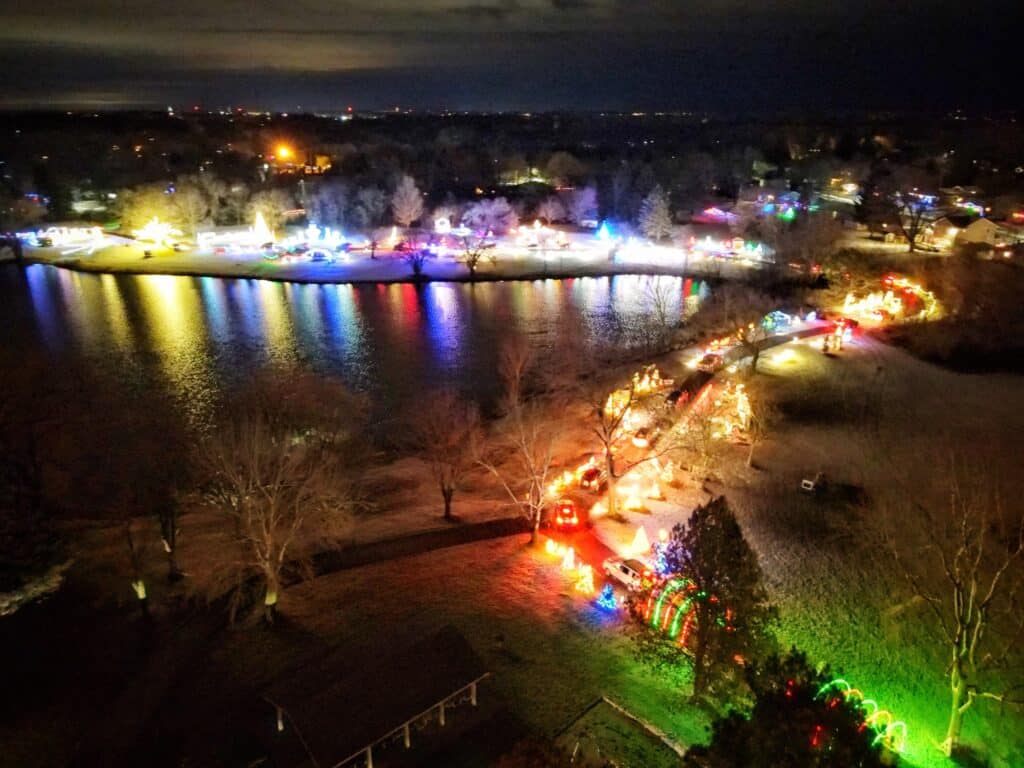 Aerial view of Illuminate Ozaukee holiday lights show with festive lights in Cedarburg