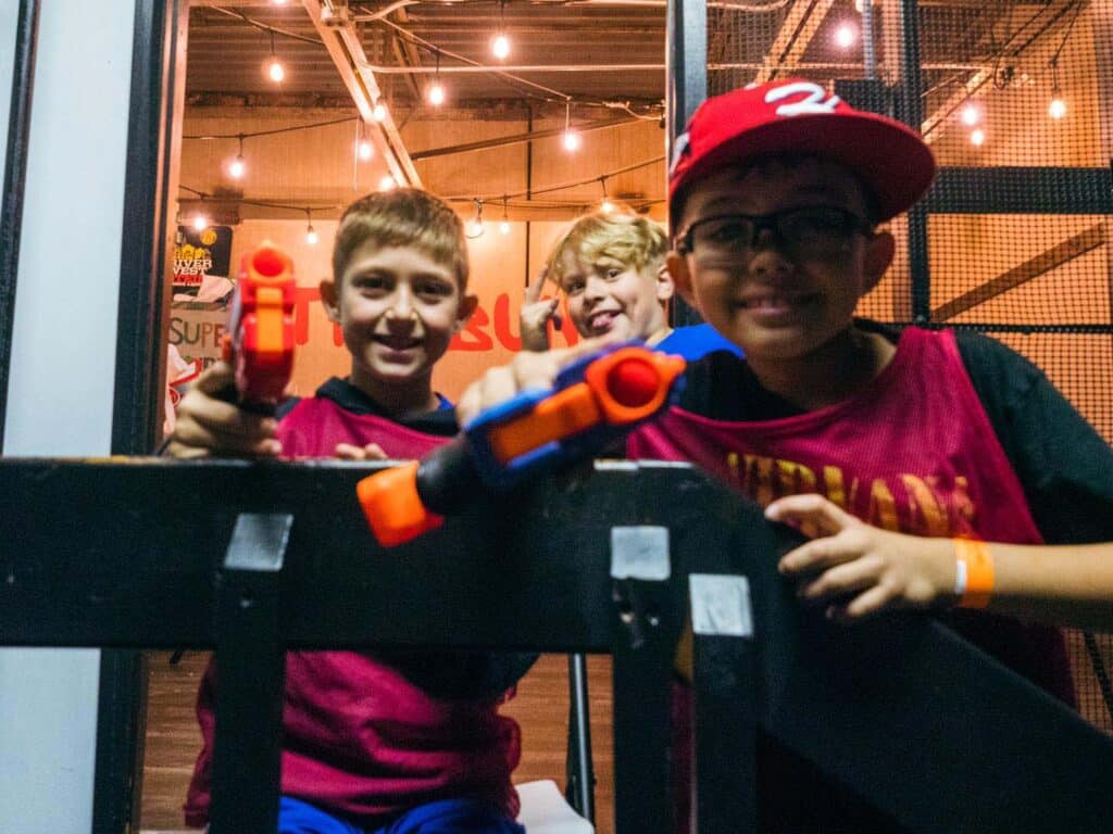 Tweens playing nerf wars at 1st and Bowl in Wauwatosa