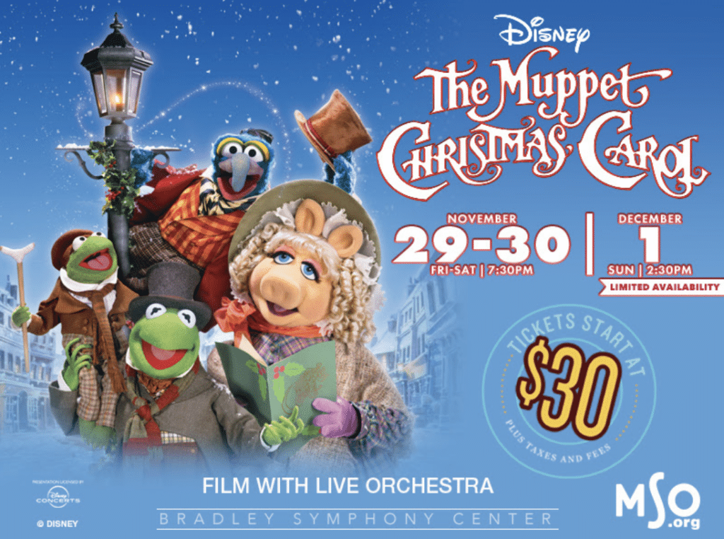 Promotional image for Disney's The Muppet Christmas Carol in Concert at the Bradley Symphony Center. Kermit the Frog, Miss Piggy, Gonzo, and other Muppet characters are dressed in Victorian holiday attire, smiling and gathered around a lamp post. Show dates are listed as November 29-30 at 7:30 PM and December 1 at 2:30 PM. Tickets start at $30. Text at the bottom reads 'Film with Live Orchestra' and 'MSO.org' for the Milwaukee Symphony Orchestra.