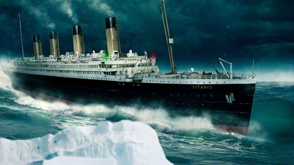 The Titanic ship sailing across the ocean with an iceberg in the forefront