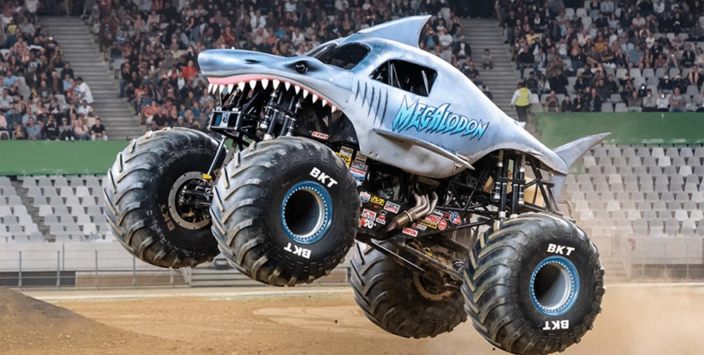 Monster truck jumping through the air