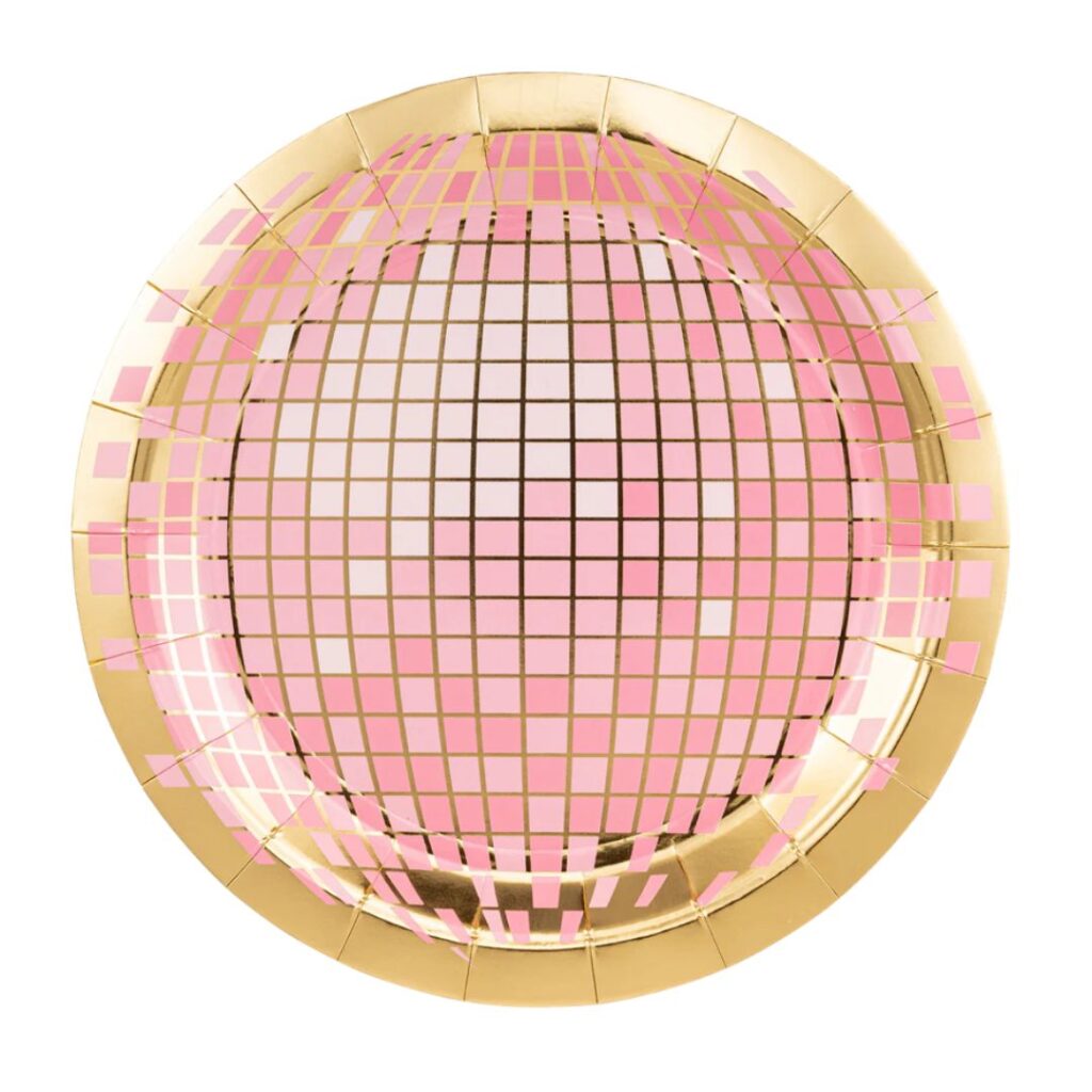 A set of round, pink disco ball-themed paper plates with a shiny, reflective design. The plates feature a grid pattern resembling a classic disco ball, with various shades of pink and light reflections to create a fun, vibrant party vibe. Perfect for a Taylor Swift or disco-inspired event.