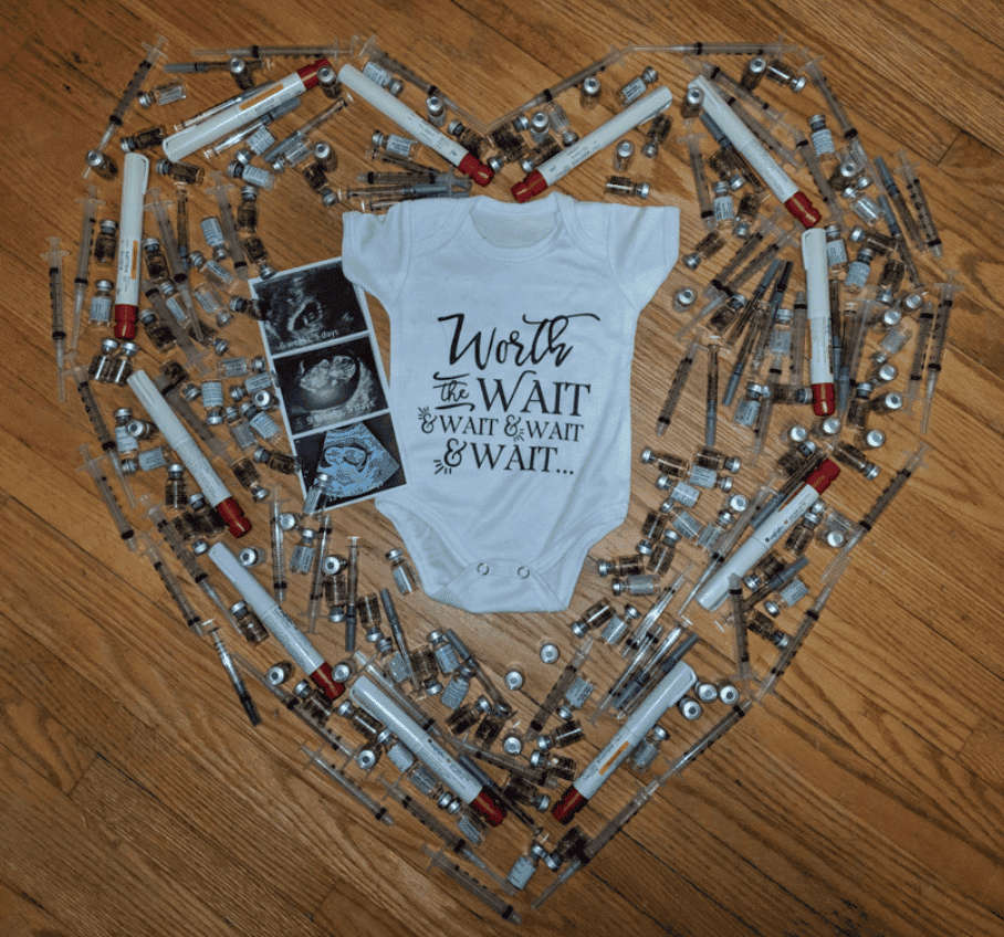 A heartfelt display of various fertility medical equipment arranged in the shape of a heart, symbolizing the family's journey to becoming pregnant.