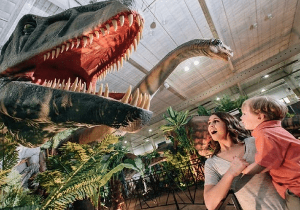 Woman and young boy looking in awe at large dinosaur exhibit 